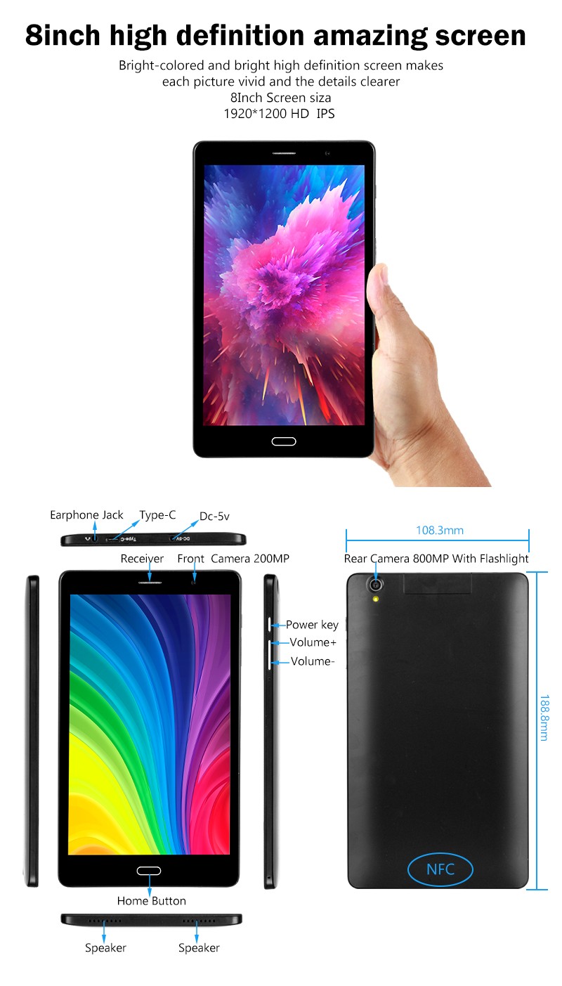 8 Inch Android 11.0 4G LTE WiFi Bluetooth GPS Mtk6762 Octa Core 2.0GHz NFC Tablet PC with Phone Calling for Students Educational