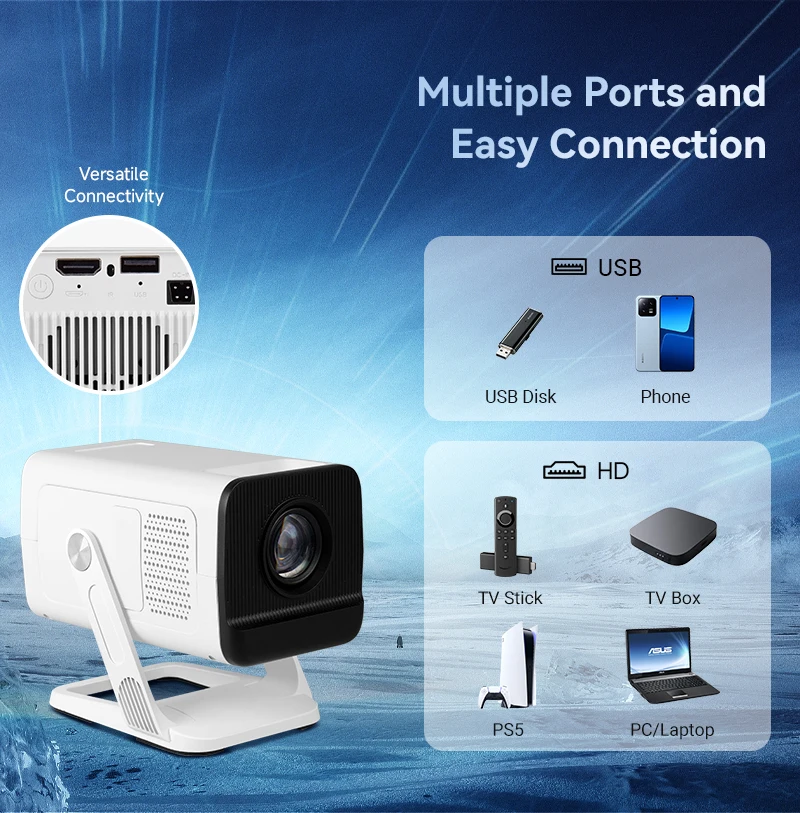 170ANSI Lumens LCD Mini Portable Proejctor WiFi 6 Bt Auto Keystone 3W Speaker HD USB Ports LED Lamp 720p Smart Projector Proyector